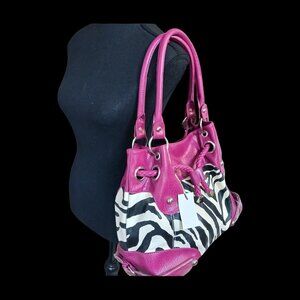 NWT Zebra Stripe Faux Leather Shoulder  Bucket Bag with Fuchsia Pink Trim